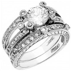 Sterling Silver Split Band Pave Set Cz Wedding Ring Set with a Prong Set Cz in the Center, Ring Width of 9MM