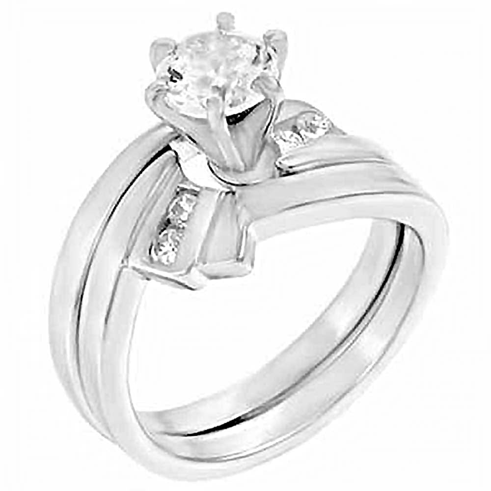 Sterling Silver Channel Set Round Cz Wedding Ring Set with Prong Set Cz in the Center