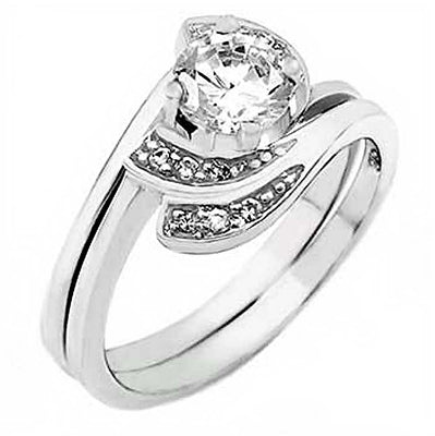 Sterling Silver Pave Set Cz Wedding Ring Set with A Prong Set Cz in the Center