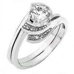 Sterling Silver Pave Set Cz Wedding Ring Set with A Prong Set Cz in the Center