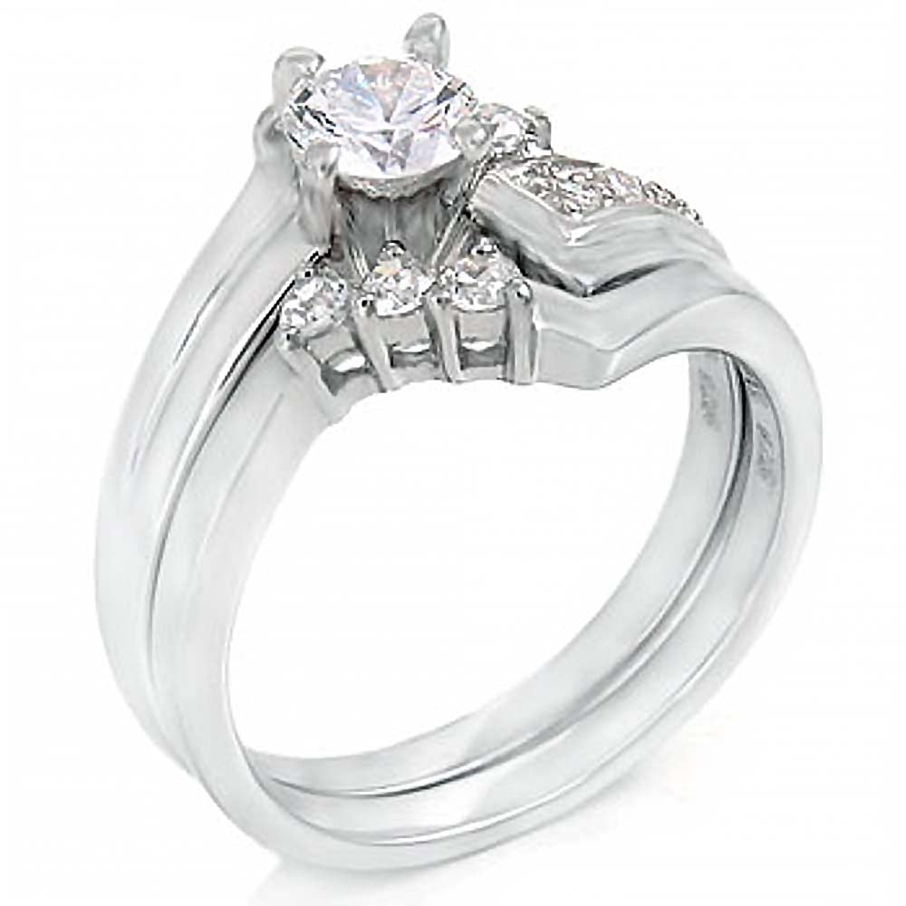 Sterling Silver Round Cz Wedding Ring Set with a 5MM Prong Set Round Cz in the CenterAnd Ring Width of 5MM