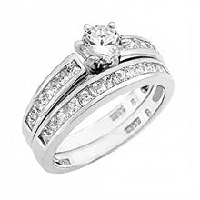 Load image into Gallery viewer, Sterling Silver Princess Cut Cz Wedding Ring Set with a 6MM Prong Set Round Cut Cz in the CenterAnd Ring Width of 6MM