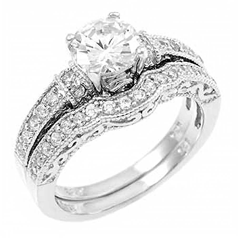 Sterling Silver Pave Set Round Cz Wedding Ring Set with a Prong Set Cz in the CenterAnd Ring Width of 10MM