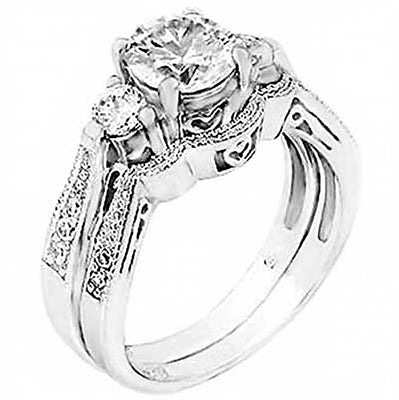 Sterling Silver Pave Set Round Cz Wedding Ring Set with a Prong Set Cz in the CenterAnd Ring Width of 10MM