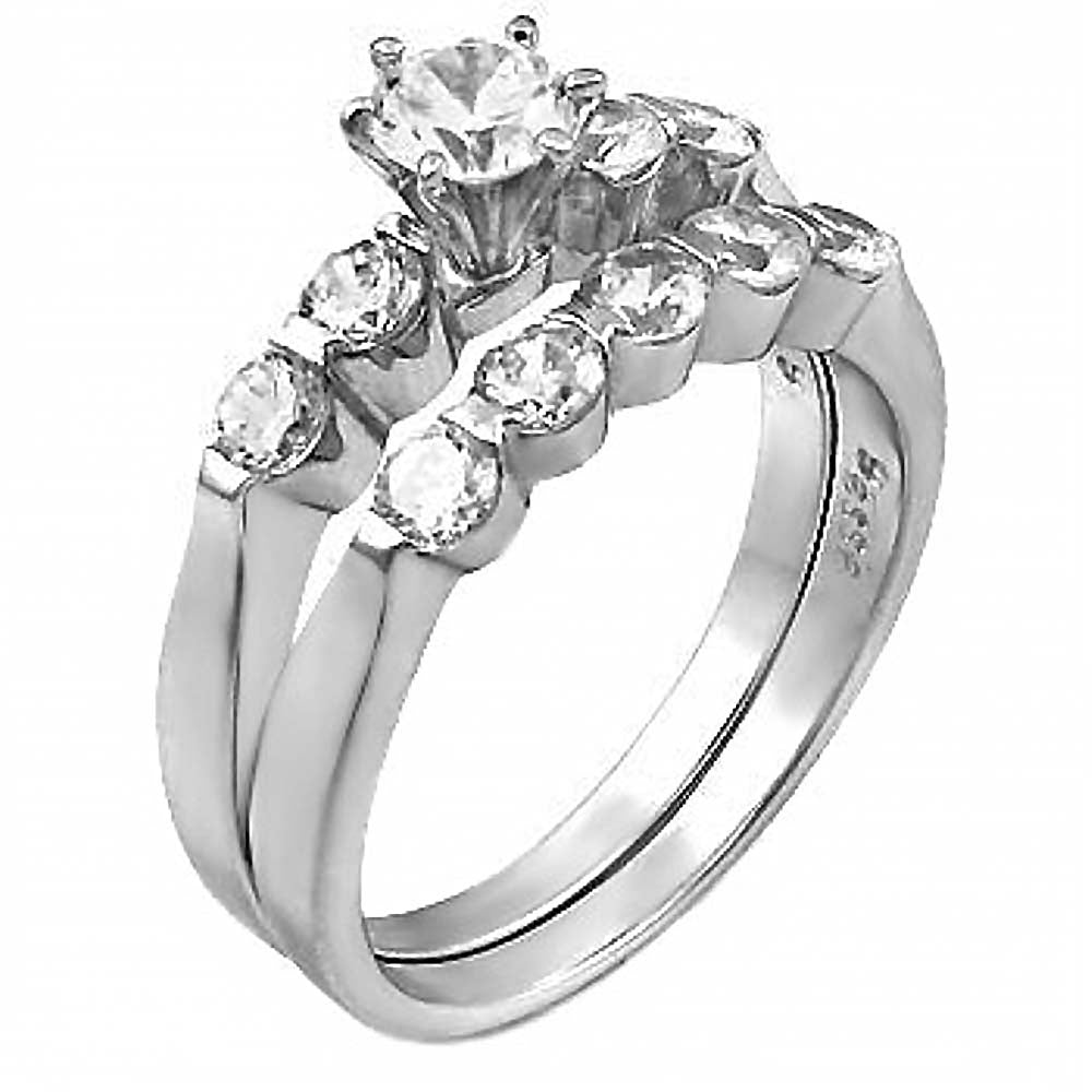 Sterling Silver Round Cz Wedding Ring Set with a 5MM Round Cz in the CenterAnd Ring Width of 7MM