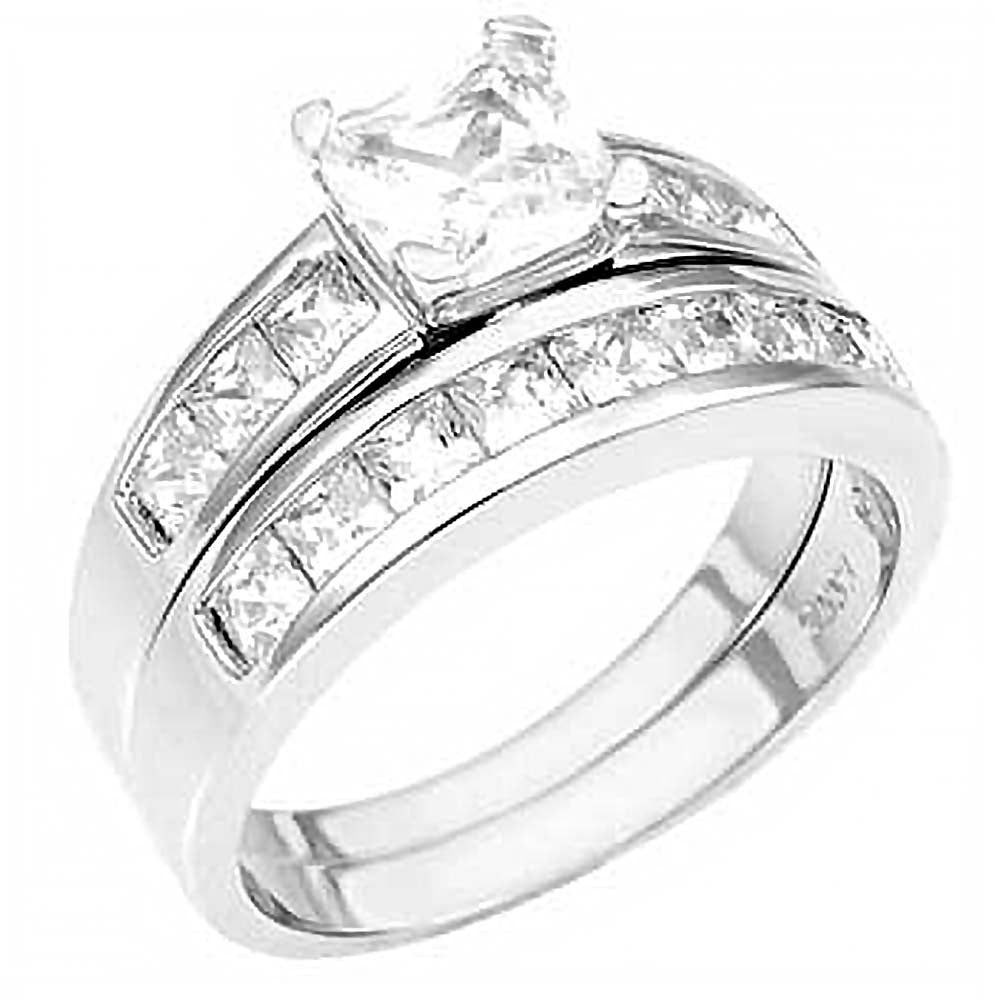 Sterling Silver Princess Cut Cz Wedding Ring Set with a 6MMx6MM Princess Cut Cz in the CenterAnd Ring Width of 6MM