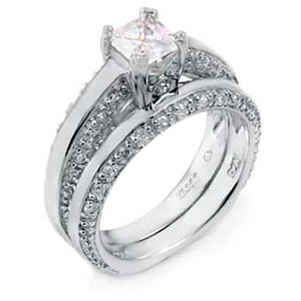 Sterling Silver Princess & Round CZ Wedding Ring SetAnd Width 11 mm