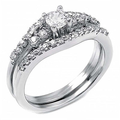 Sterling Silver Pave Set Cz Engagement Ring Set with a 4MM Prong Set round Cz in the CenterAnd Ring Width of 7MM