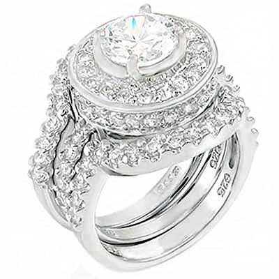 Sterling Silver Hand Set Round Cz 3 Pieces Wedding Ring Set with an 8MM Round Cz in the CenterAnd Ring Width of 14MM