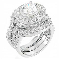 Sterling Silver Hand Set Round Cz 3 Pieces Wedding Ring Set with an 8MM Round Cz in the CenterAnd Ring Width of 14MM