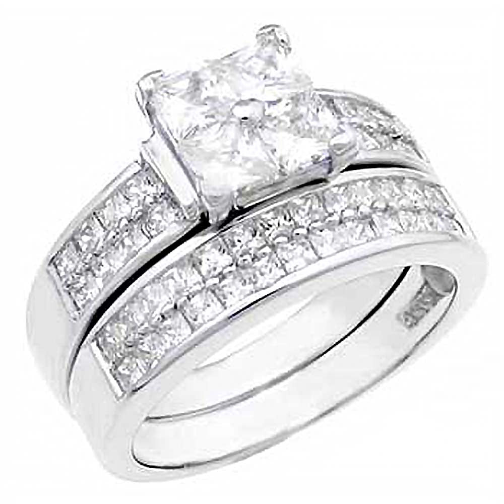 Sterling Silver Cz Wedding Ring Set with an Invisible Princess Cut Cz in the Center