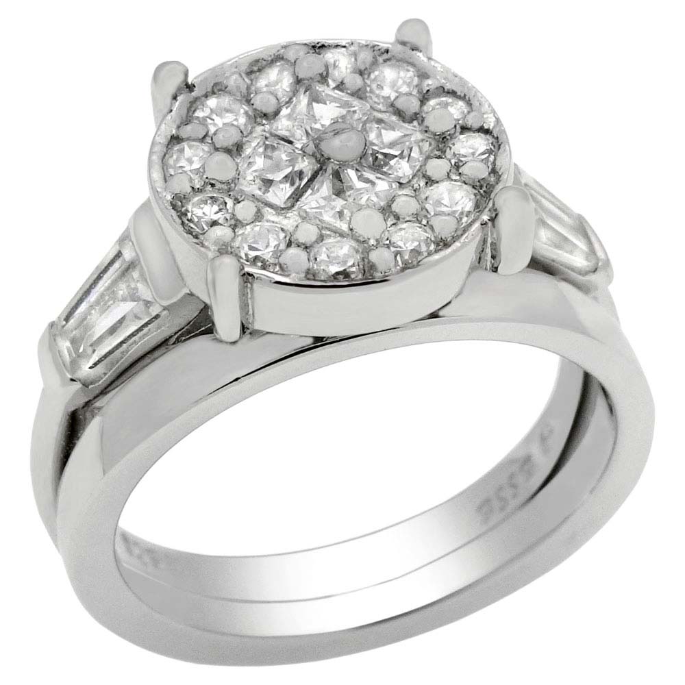 Sterling Silver Princess-Round-Trapezium Cz Ring Set with Ring Width of 11MM