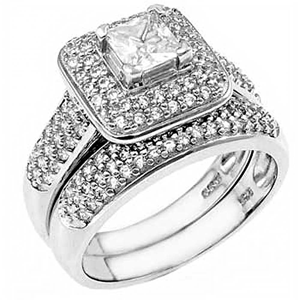 Sterling Silver Pave Set Round Cz Ring Set with a 5MMx5MM Princess Cut Cz in the CenterAnd Ring Width of 15MM
