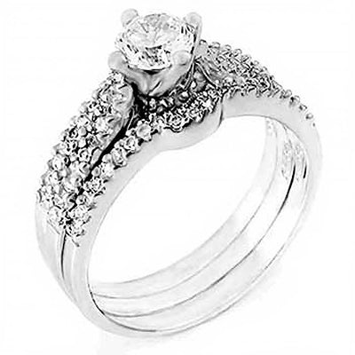 Sterling Silver Cz 3 Pieces Ring Set with a 5MM Hand Set Round CzAnd Ring Width of 5MM