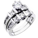 Sterling Silver Princess Cut Cz Ring Set with a 6MM Prong Set Round Cut Cz in the CenterAnd Ring Width of 10MM