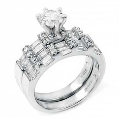 Sterling Silver Baguette and Round Cz Ring Set with a 6MM Prong Set Round Cz in the CenterAnd Ring Width of 9MM
