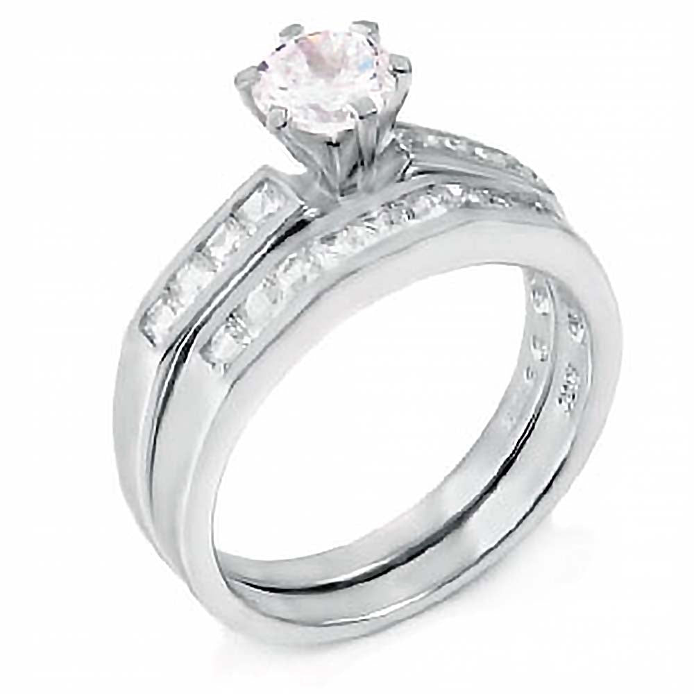 Sterling Silver Square Cz Ring Set with a 6MM Prong Set Cz in the CenterAnd Ring Width of 7MM