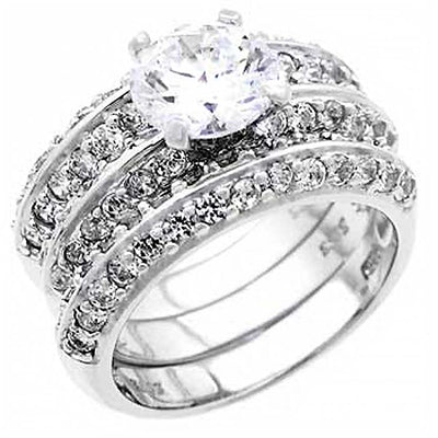 Sterling Silver 3 Pcs Round CZ With Side Stones Ring SetAnd Width of 12MM