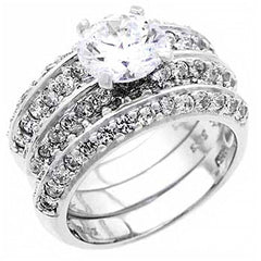 Sterling Silver 3 Pcs Round CZ With Side Stones Ring SetAnd Width of 12MM