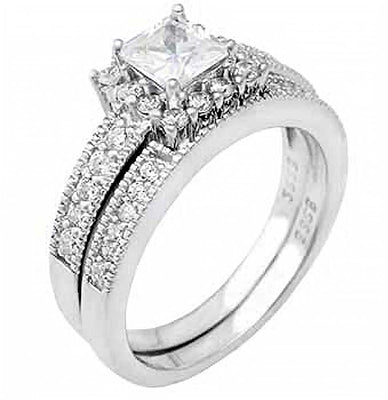 Sterling Silver Round Cz Ring Set with a 5MMx5MM Princess Cut Cz in the CenterAnd Ring Width of 9MM
