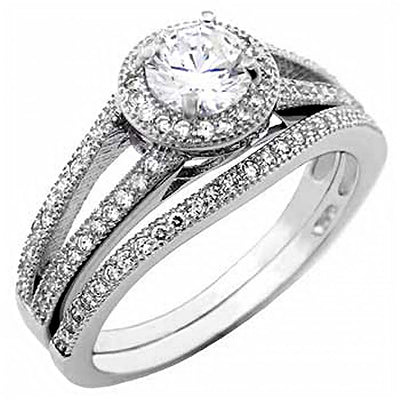 Sterling Silver Pave Set Cz Ring Set with a 5MM Round Cz in the CenterAnd Ring Width of 10MM