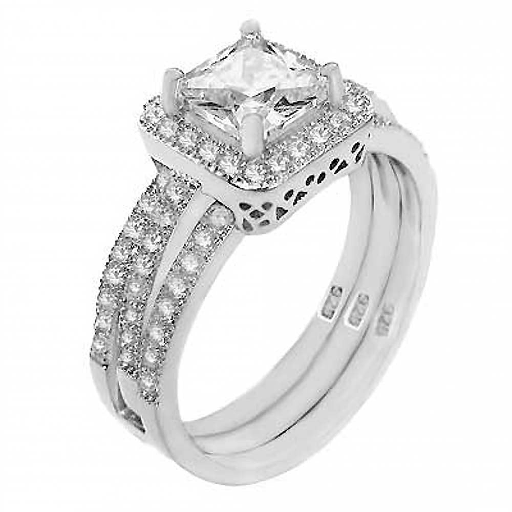 Sterling Silver 1MM Round Ring Set with a 6MMx6MM Princess Cut Cz in the CenterAnd Ring Width of 12MM