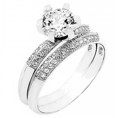 Sterling Silver Pave Set Cz Engagment Ring Set with a 7MM Prong Set Round Cz in the CenterAnd Ring Width of 8MM