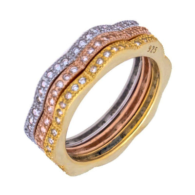 Sterling Silver Tri-Color Stackable Cz Flower Shape Ring Set with Ring Width of 5MM