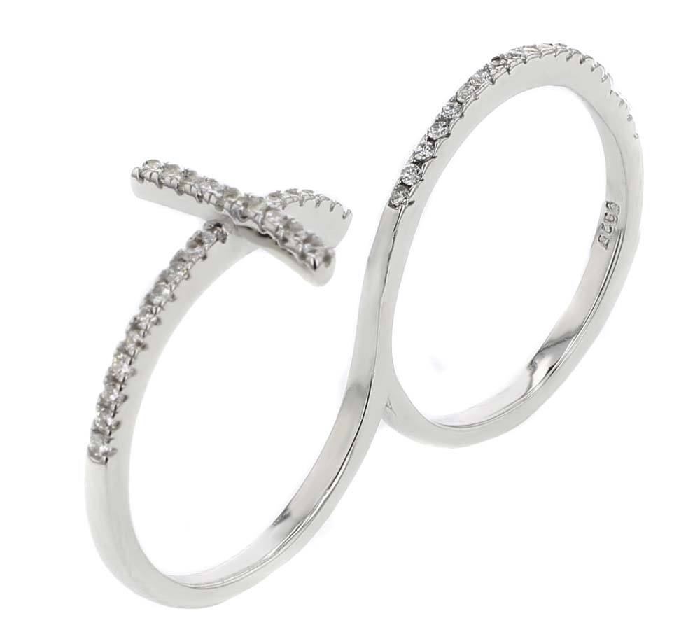 Sterling Silver Clear CZ 2 Finger Cross Rings with Ring Width of 11MM