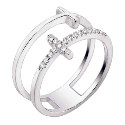 Sterling Silver Cubic Zirconia Double Crosses Ring