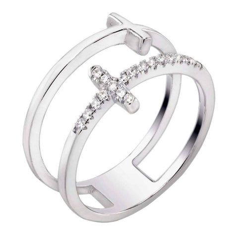 Sterling Silver Cubic Zirconia Double Crosses Ring