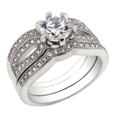 Sterling Silver Three Piece Bridal Ring Set With Cubic Zirconia StonesAnd Weight 7 gramAnd Width 9.5 mmAnd Center Stone Thickness 5.5 mm