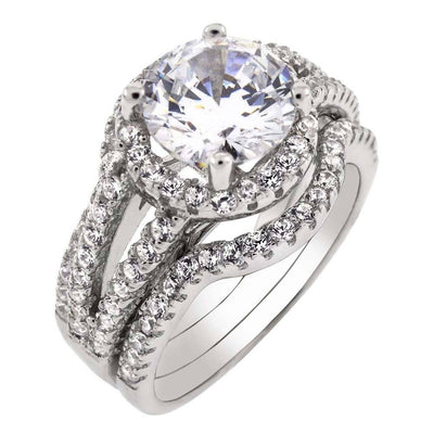 Sterling Silver Three Piece Bridal Ring Set With Cubic Zirconia StonesAnd Width 15 mmAnd Center Stone Thickness 7 mm