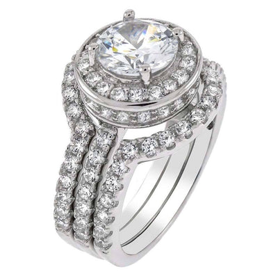 Sterling Silver Three Piece Bridal Ring Set With Cubic Zirconia StonesAnd Width 13 mmAnd Center Stone Thickness 6.5 mm