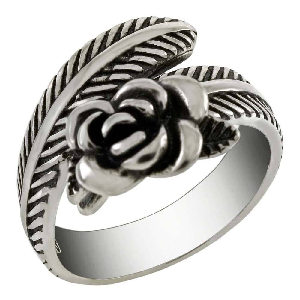 Sterling Silver Adjustable Oxidized Rose On Feather Ring