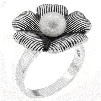 Sterling Silver Flower With Pearl Oxidized Ring