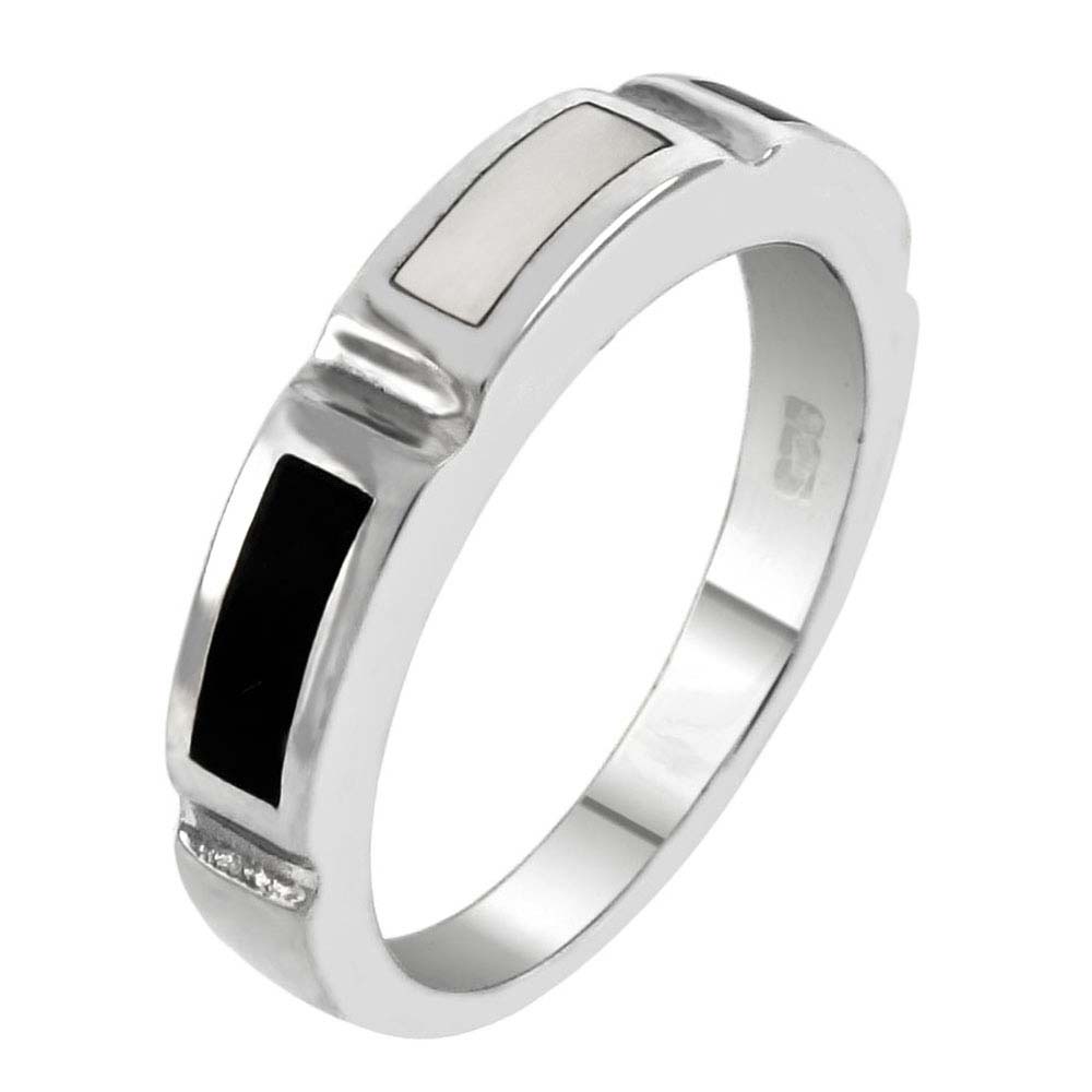 Sterling Silver MOP & Black Onyx Band RingAnd Width 4mm