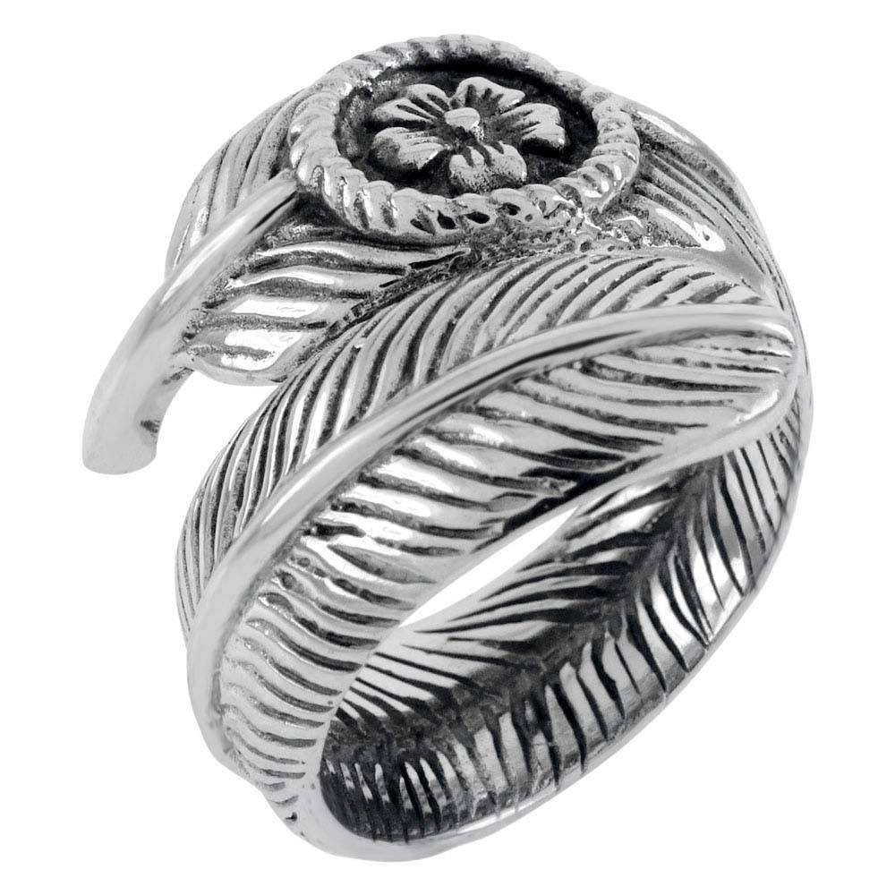 Sterling Silver Flower On Feather Adjustable Oxidized Band Ring