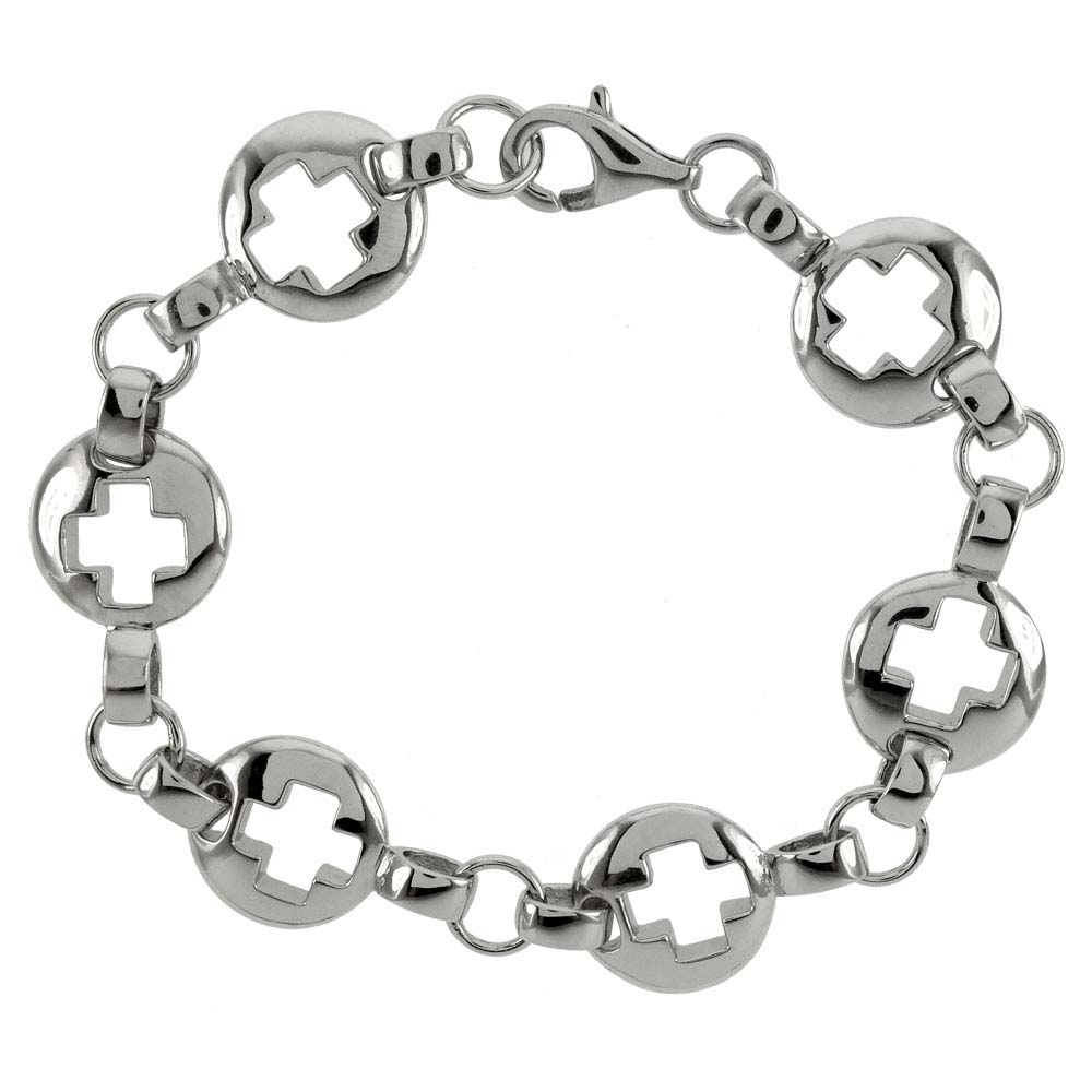 Sterling Silver Rhodium Finished Cutting Cross Bracelet with Bracelet width of 14MM