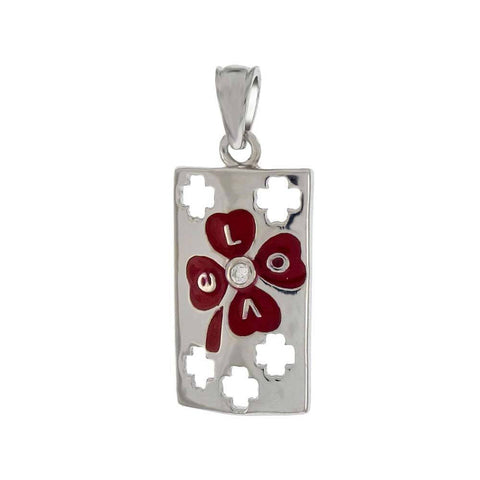 Sterling Silver Red Enamel Clover Leaf On Rectangle Tag PendantAnd Length 1 1/8 inchesAnd Width 13mm