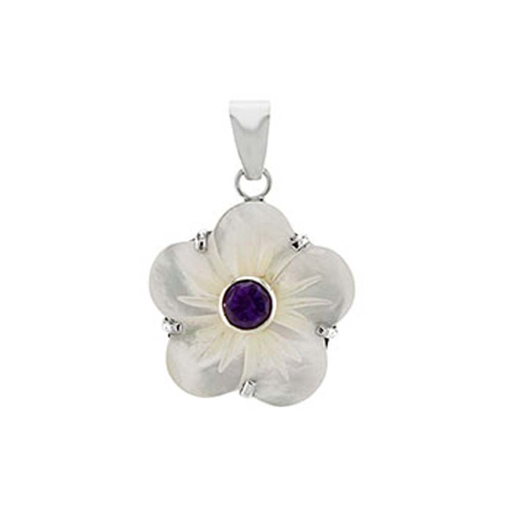 Sterling Silver Flower Crafted Shell W. Amethyst PendantAnd Length of 1 1/4