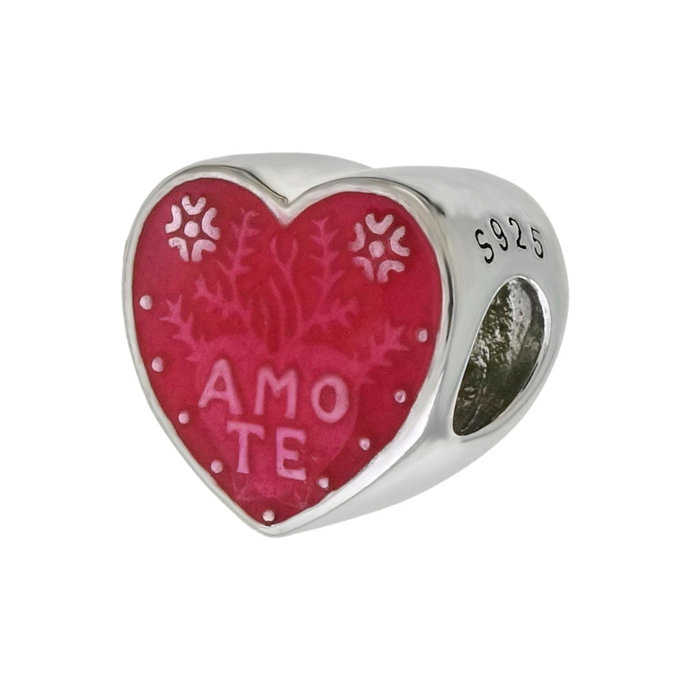 Sterling Silver AMO TE Red Enamel Heart Bead Charm Pendant