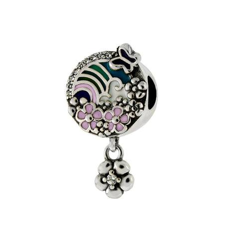 Sterling Silver Multi Color Enamel Flower CZ Bead Charm Pendant