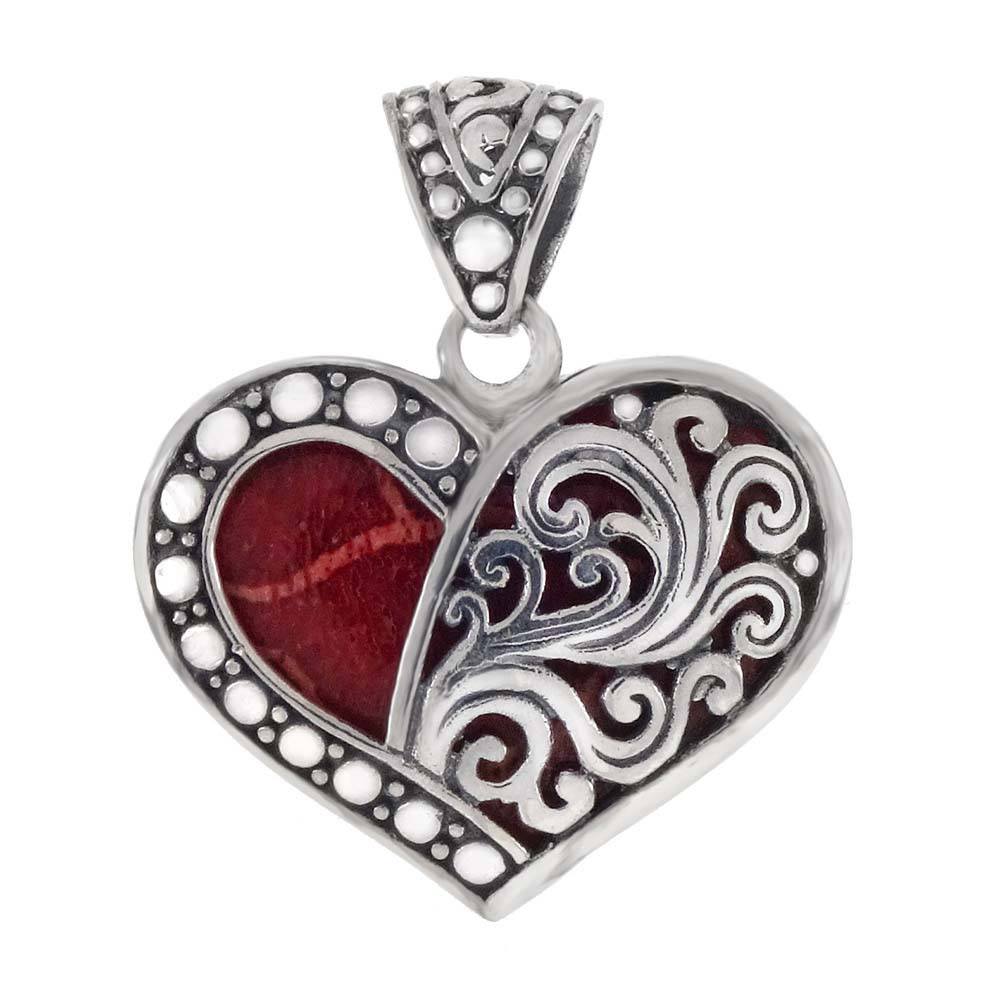 Sterling Silver Red Coral Heart Oxidized Pendant