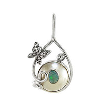 Load image into Gallery viewer, Sterling Silver Mabe Pearl W. Genuine Opal W. Gem &amp; Butterfly PendantAnd Length of 1 7/8