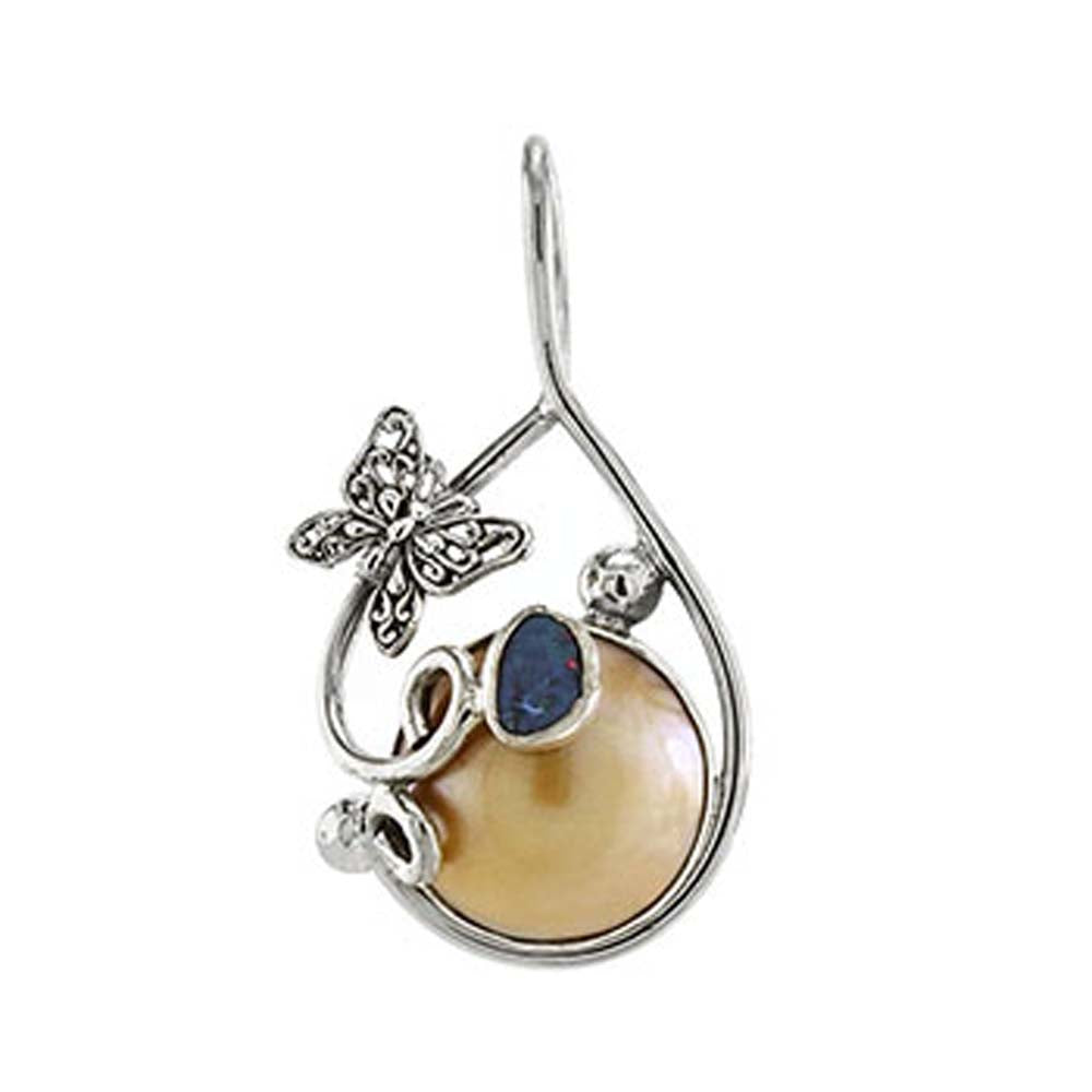Sterling Silver Mabe Pearl W. Genuine Opal W. Gem & Butterfly PendantAnd Length of 1 7/8