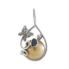 Sterling Silver Mabe Pearl W. Genuine Opal W. Gem & Butterfly PendantAnd Length of 1 7/8