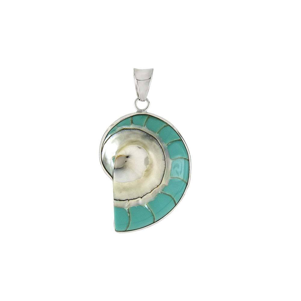 Sterling Silver Mother of Pearl Turquoise Snail and Enamel Pendant with Pendant Dimensions of 23MMx43.18MM