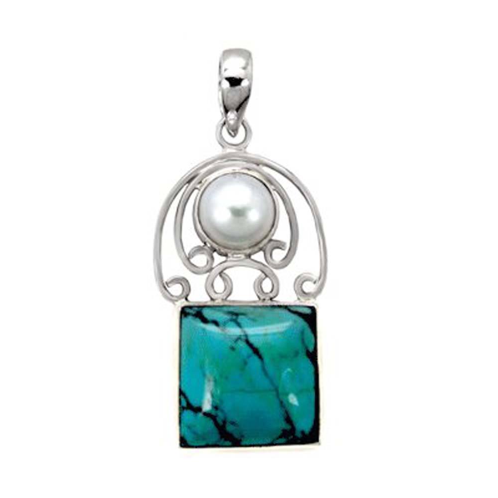 Sterling Silver Oxidized Finished Mother of Pearl and Turquoise Pendant with Pendant Dimension of 19MMx38.1MM