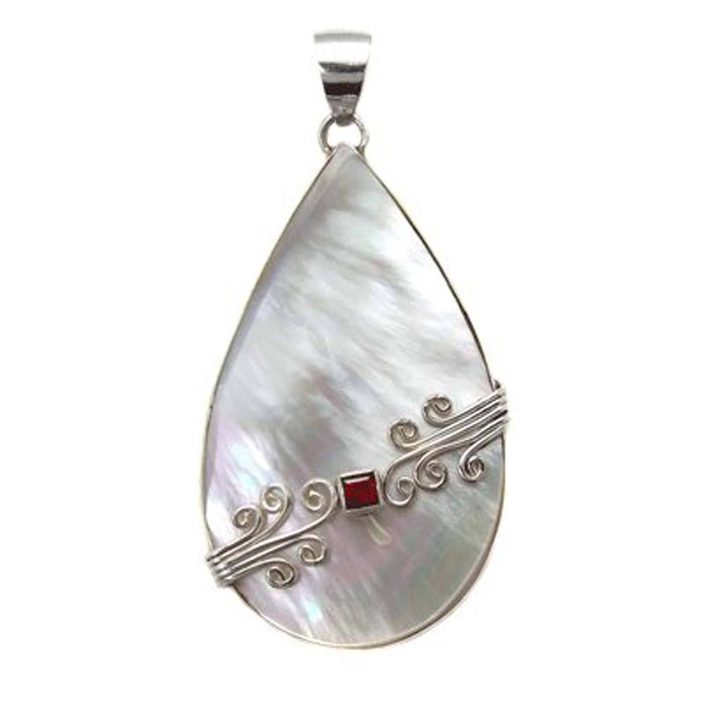 Sterling Silver Shell Pendant with Princess Cut GarnetAnd Pendant Dimension of 27.94MMx50.8MM